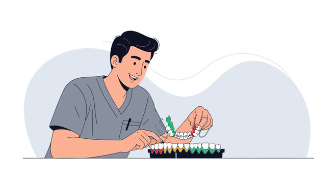 Dentist working with dental prosthesis models, dental clinic, modern flat illustration