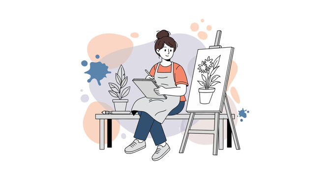 Artist painting a potted flower on canvas in a studio with abstract shapes, vector illustration.