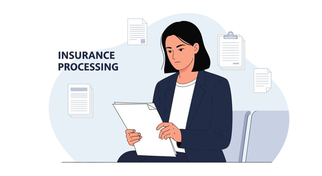 Businesswoman reviewing insurance claim documents, with papers floating around, representing processing and administration.