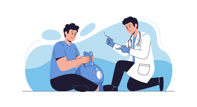 Dentist examining patient's jaw, which is depicted as a large inflated balloon.