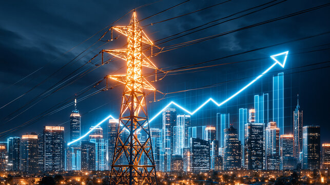 Power Grid Growth: A towering electric pylon glows with energy against a futuristic cityscape, symbolizing the exponential growth of power infrastructure and technological advancement.