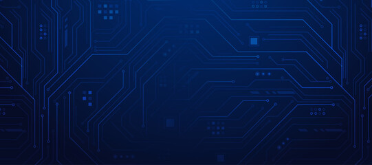 Obraz premium Deep blue technical background featuring circuit board traces with copy space on left side.