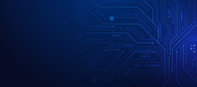 Circuit board background in blue with glowing lines representing electronic connections and digital data flow.