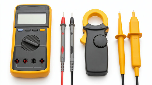 A collection of electrical testing tools including a multimeter, clamp meter, and probes on a white background