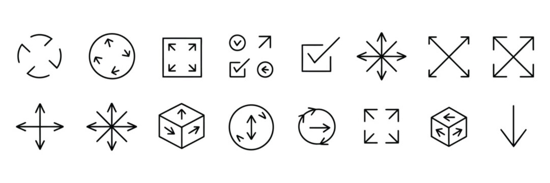 Resize icon showcasing expand and reduce arrow symbols, dimension control features, scaling adjustments, user interface functions, editing utilities, and navigation graphics, vector, designs