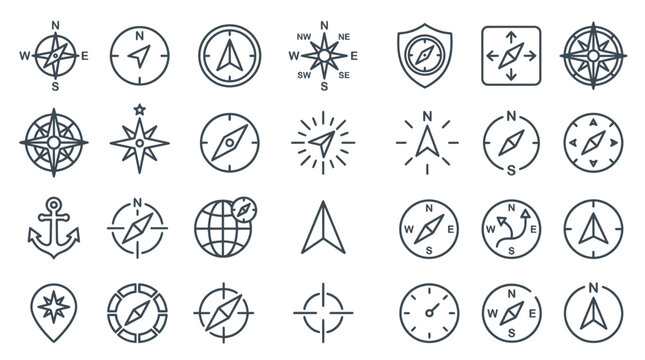 Compass Icons Set: Navigation, Direction, and Travel Symbols