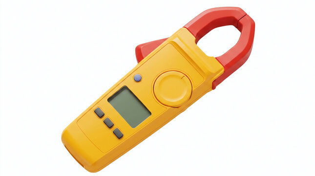 Yellow and red digital clamp meter for precise electrical current, voltage, and resistance measurements in industrial and professional settings, isolated on a white background
