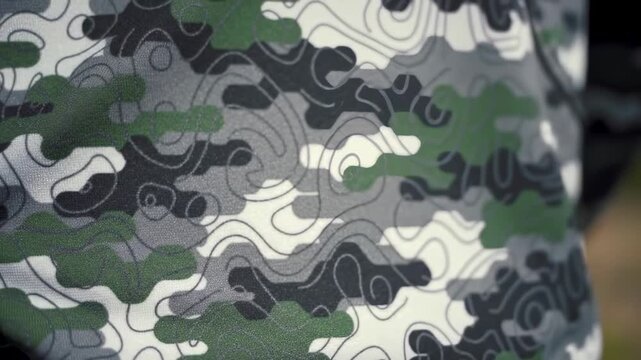 Close-up of a camouflage fabric with swirling, organic shapes and varied tones