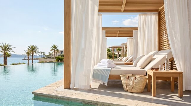 Luxurious poolside cabana with comfortable lounge chairs and white curtains, overlooking a serene swimming pool and the ocean.