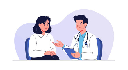 Fototapeta premium Doctor consulting a worried patient about health issues, vector illustration of medical consultation and healthcare discussion