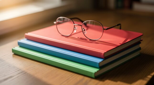 Eyeglasses resting on a stack of three colorful notebooks on a wooden table, conveying academic focus, study habits, and literary research.
