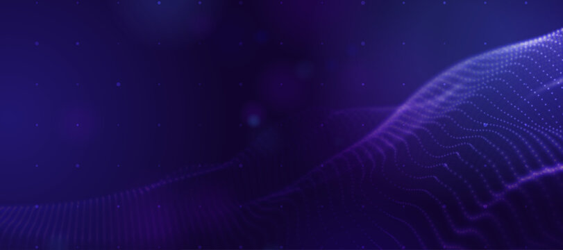 Digital wave of particles on dark purple background, abstract technology, big data visualization, future concept.