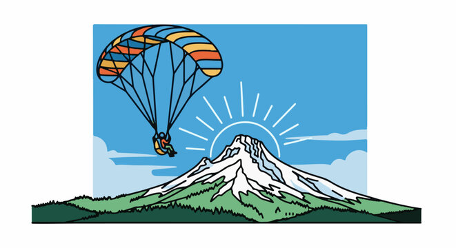 Paraglider soars near snow-capped mountain at sunrise with clouds