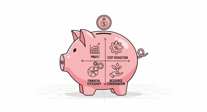 Pink piggy bank with four financial growth icons and coin