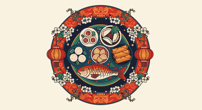 Pixel art circular emblem featuring a fish and dishes with traditional floral accents