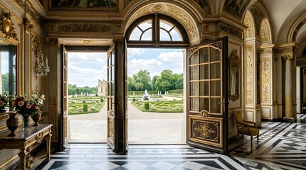 Fototapeta premium View through grand arched doorway of an ornate historic palace hall opens to a beautiful formal garden landscape with manicured greenery and distant architecture under a cloudy sky on a sunny