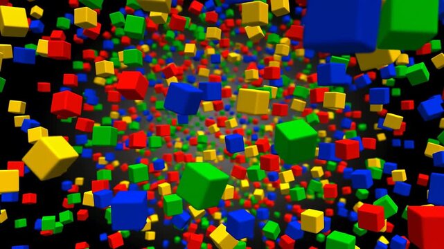 Colorful cubes scattering and tumbling in a dark space