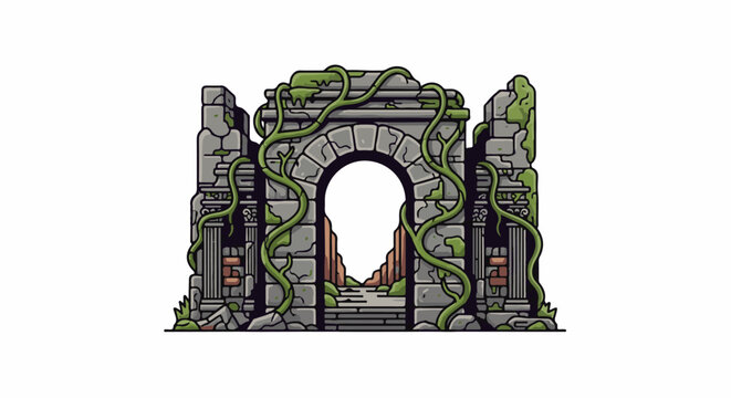 Pixelated ancient stone archway overgrown with green vines, leading to a path