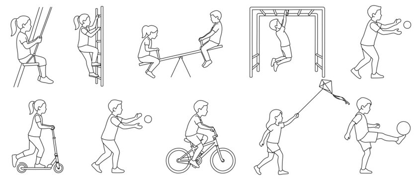 Playground Activities CAD Human Figures Outline Vector Pack with Children Playing Swings Slides Seesaws Bicycles Scooters and Outdoor Recreation