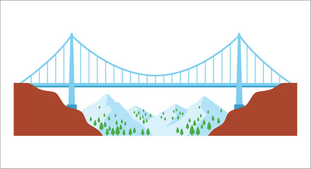 Suspension Bridge Illustration With Mountains And Water Flat Vector Style © vectors home