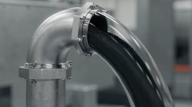 Closeup medium shot of a bent pneumatic pipeline section showing airtight seals and smooth carbon black flow in a manufacturing process.