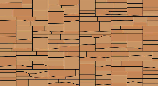 Textured tan and brown stone wall with rectangular blocks creates a modern and natural architectural background pattern.