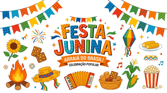 Festa junina elements with colorful flags and traditional snacks
