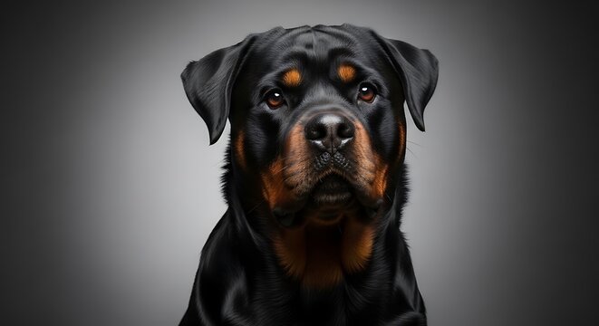 Curious Rottweiler Puppy Portrait in Dark Studio