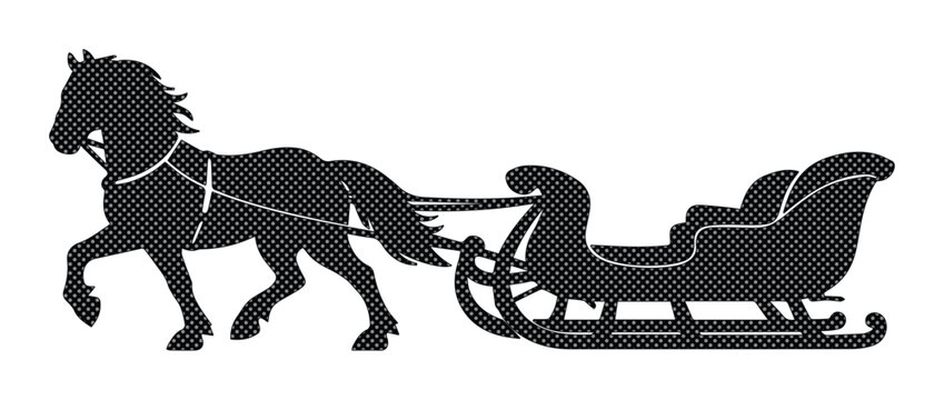 Vintage horse drawn sleigh silhouette, antique winter carriage with draft horse, traditional christmas sled vector icon for holiday greeting cards