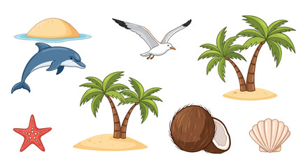 Obraz premium Set of tropical summer icons includes a dolphin, seagull, palm islands, coconut, and starfish for beach themes.