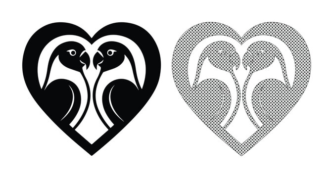 Minimalist parrot love heart logo, stylized bird couple silhouette in black and white, romantic avian vector icons for wedding and branding