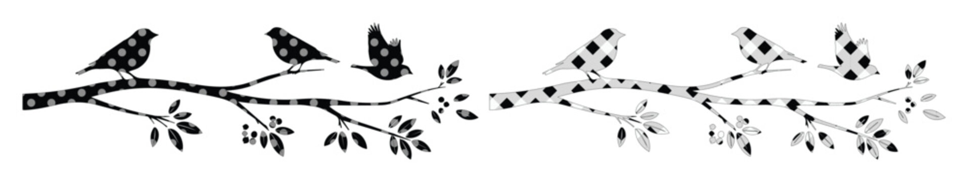 Vintage bird silhouette on tree branch vector, rustic hand drawn songbird illustration, decorative floral branch border for wedding stationery