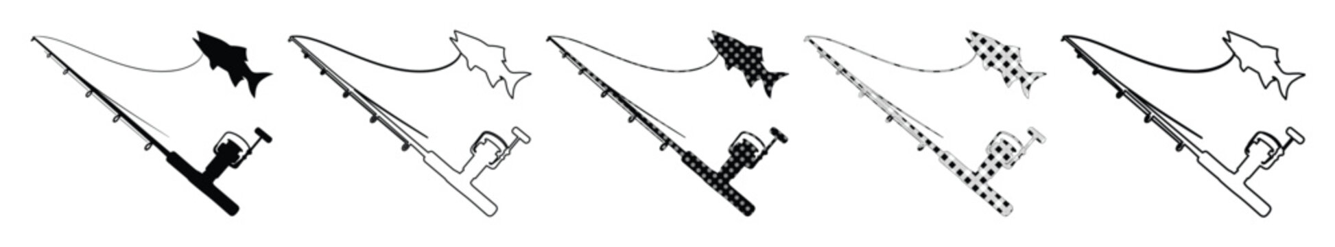 Fishing rod and fish icons set, minimalist black and white angling equipment vector, spinning rod with jumping fish silhouettes for outdoor sports
