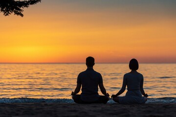 Fototapeta premium Meditation and yoga couple silhouette on beach at sunset for relaxation and peace