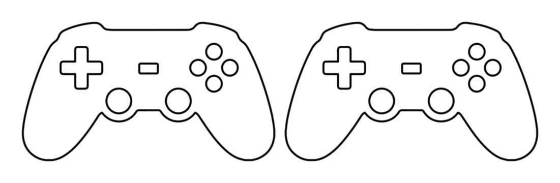 Minimalist game controller line icons, set of two gaming gamepad vector outlines, modern video game console joystick symbols for UI design