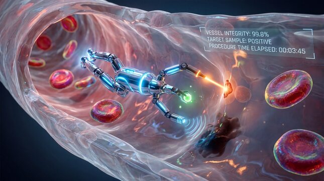 Microscopic robot performs surgery inside human bloodstream for medical science.