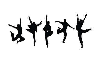 Fototapeta premium Human Activity Silhouettes: Diverse Poses of Men Jumping, Running, Standing, Sitting - Flat Vector Set