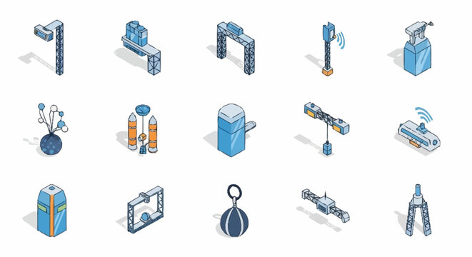 Collection of isometric industrial and technological objects and equipment on a white background.