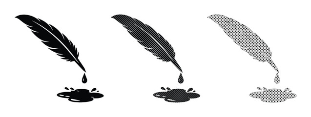 Vintage quill pen icons with ink droplets, antique feather writing tool set, black silhouette and halftone quill pen illustrations for legal or literary design © Jemie