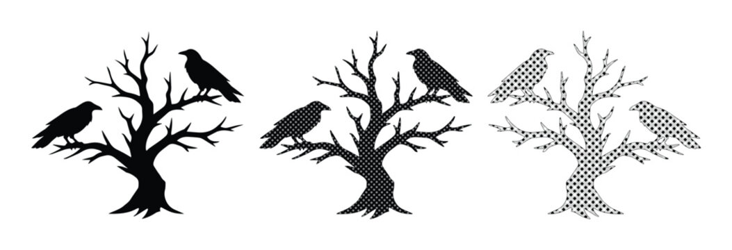 Spooky raven silhouette on dead tree branches, black crow bird perched on leafless winter tree, gothic horror vector elements for Halloween design