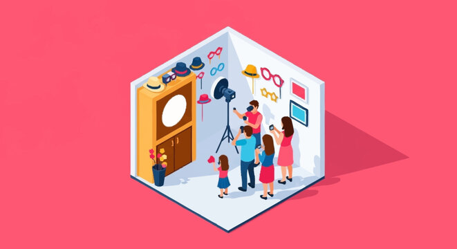 Isometric illustration of a small hat shop with customers trying on accessories and a photographer taking pictures.