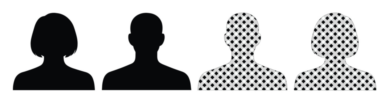 Minimalist user profile icons, black silhouette and halftone dot pattern avatar set, male and female head and shoulder vector symbols