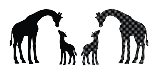 Giraffe family silhouette vector, African wildlife mother and baby animal icons, black safari giraffe silhouettes on white background © Jemie