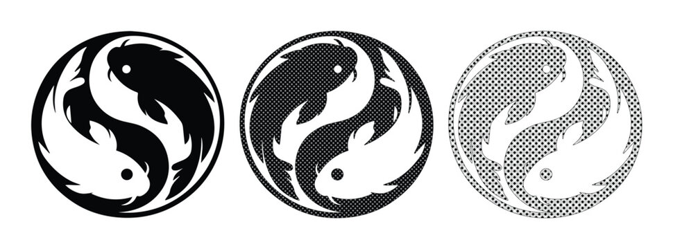 Japanese koi fish yin yang vector set, black and white carp circular balance icons, zen spiritual harmony symbols for tattoo and logo design