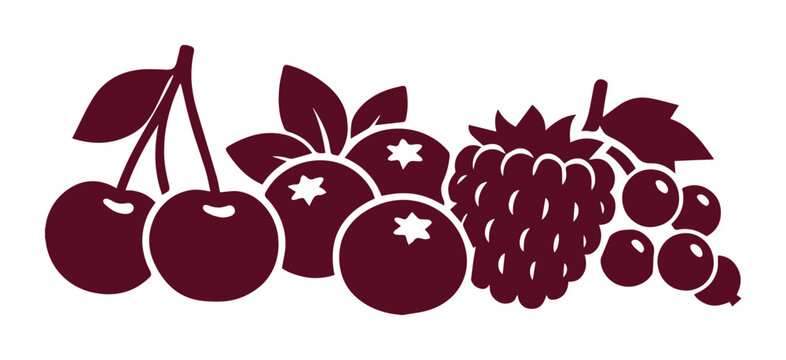 Minimalist berry fruit icons in dark maroon, stylized cherry and blueberry vector illustration, organic forest berries graphic for food packaging