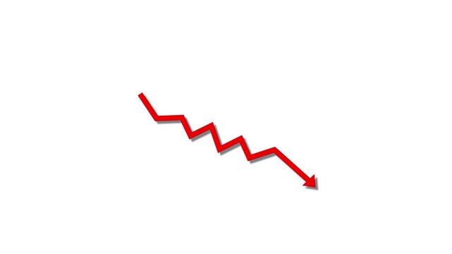Red jagged arrow pointing down with a shadow on a white background decline decrease