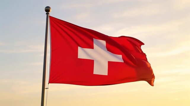 Swiss flag waving on flagpole at sunset