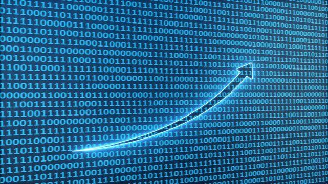 Bright white arrow pointing upwards on a dark background of blue binary code digital data