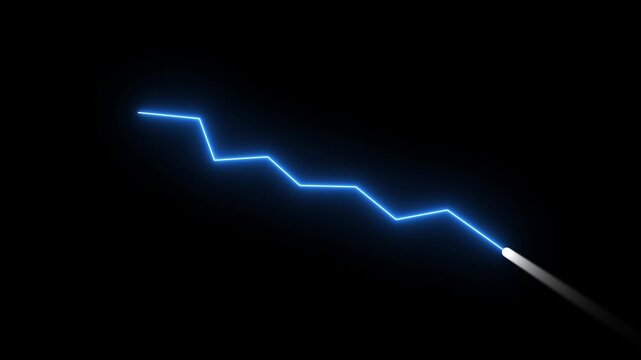 Blue neon line graph descending sharply with a bright light at the end on black chart down