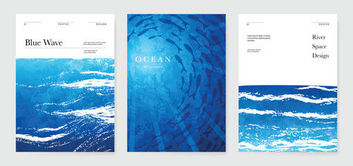 Naklejka na ściany i meble Blue sea and river Card set vector. Poster design with watercolor blue ocean wave pattern backdrop. Modern illustration for cover, banner, website, decor, interior.